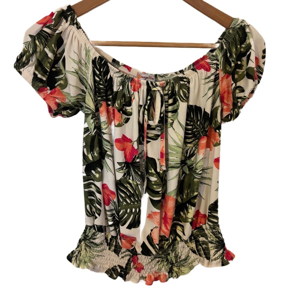 Orange Kiss Women's Smocked Tropical Floral Palm Top Size Medium